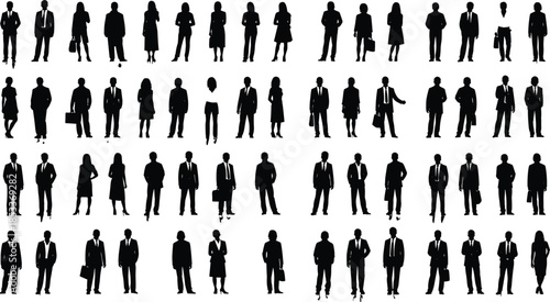 Business silhouettes, corporate diversity, professional attire, workforce illustration, black and white grid, office people, briefcase, team concept, formal pose, leadership