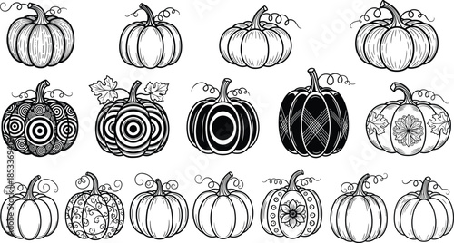 Collection of Artistic Black and White Pumpkin Illustrations with Intricate Patterns and Decorative Designs for Autumn Harvest and Halloween Decor