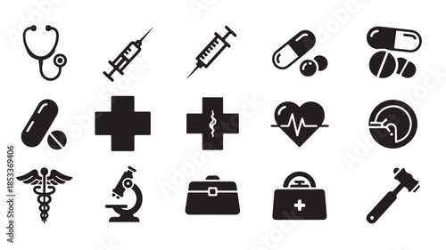 Medical Icons Set with Stethoscope, Syringe, Pills and Cross, and First Aid Kit on White Background