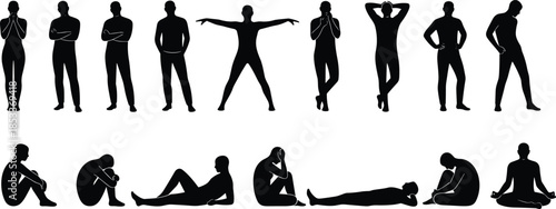 Collection of black male silhouettes in different positions like standing, sitting, lying down, and meditating isolated on white background.