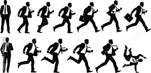 Businessman silhouette running, falling, urgency, motion, failure, briefcase, speed, risk, career, stress, stumble, corporate, timeline, action, sequence, rush, collapse, mistake, deadline