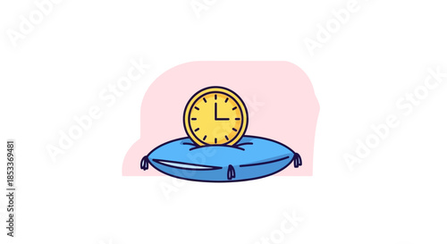 Clock resting on a soft blue pillow illustration.