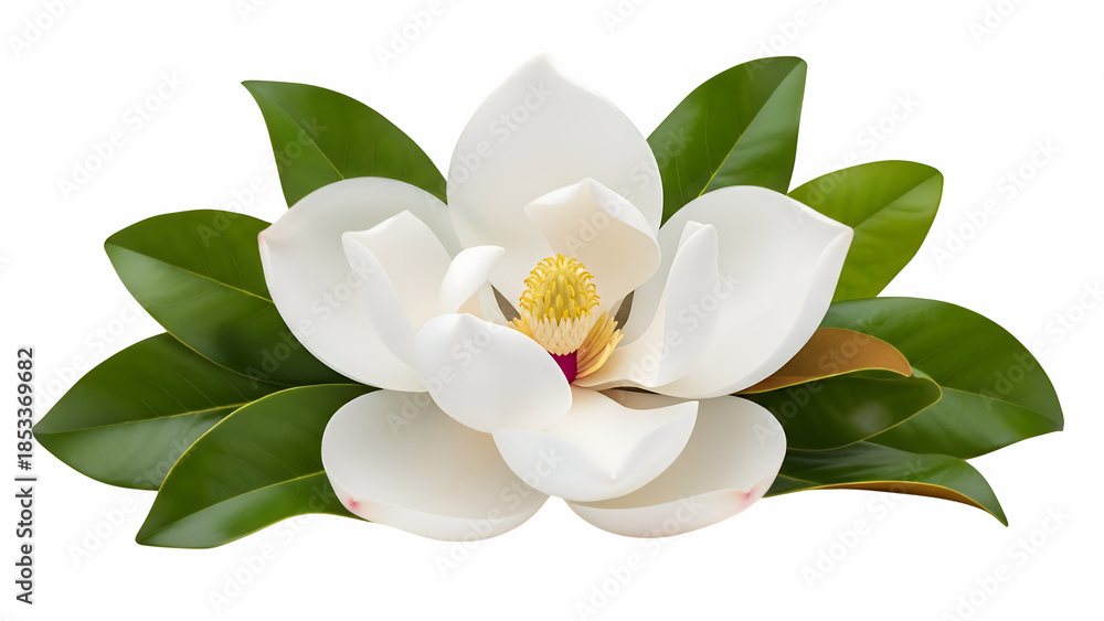 Fototapeta premium Magnolia flower blossom with leaves, isolated on white or transparent background. PNG