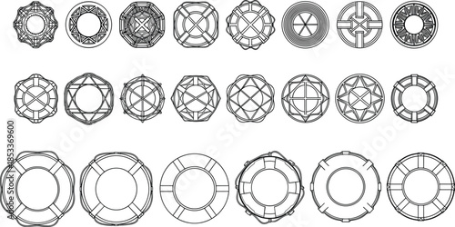 Geometric circle designs, abstract wheels, mechanical patterns, mandala symmetry, black and white vector, radial shapes, polygon art, gear-inspired, decorative elements