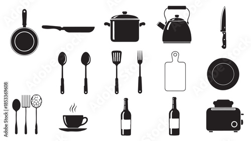 Kitchen Utensils and Dishes on White Background
