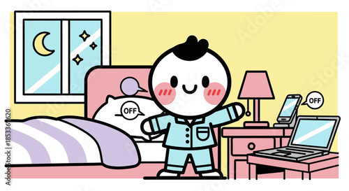 Cute cartoon character in pajamas ready for bed.