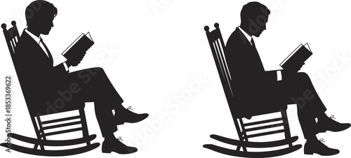 Man reading book silhouette, person sitting in rocking chair vector illustration, relaxation and knowledge concept art, peaceful reading time design
