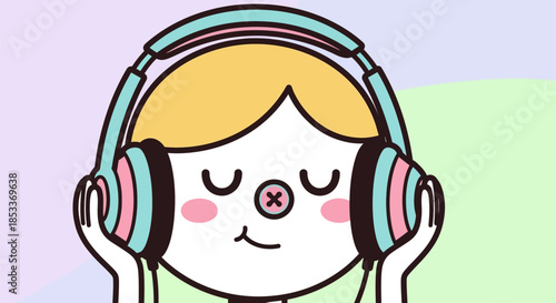Cute cartoon character with headphones enjoying music peacefully.