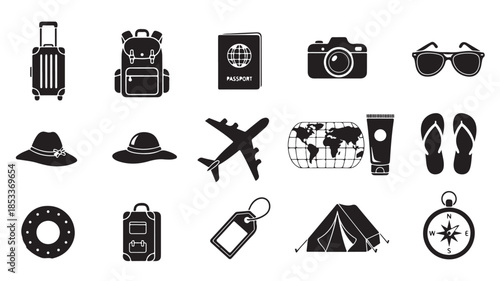 Travel Icons Set with Suitcase, Backpack, Passport and Camera, Sunglasses, Hat, Airplane, Map, Flippers, Life Preserver, Luggage Tag, Tent, Compass