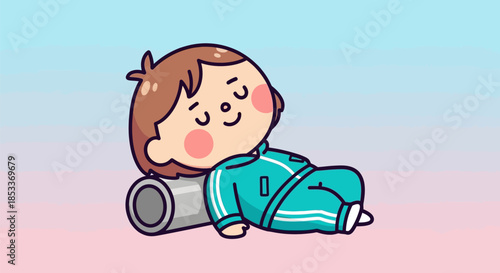 Cute Cartoon Child Sleeping Peacefully on a Rolled Mat.