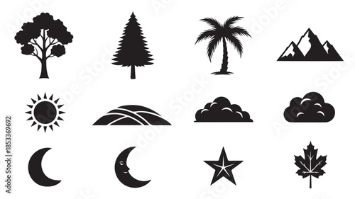 Black Silhouettes of Nature Icons on White Background