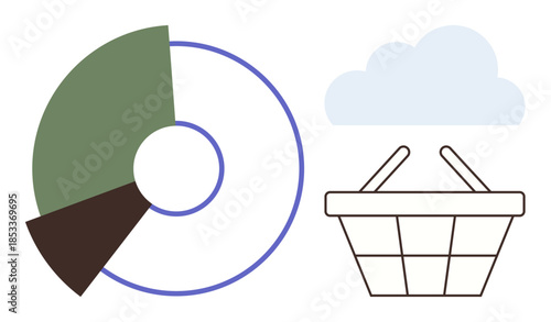 Pie chart displays data segmentation alongside a cloud and a shopping basket, illustrating analytics, e-commerce, cloud storage, digital marketing, technology, consumer behavior, and market trends