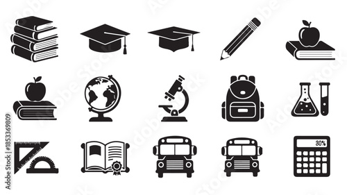 Education Icons Set with Books, Graduation Cap, Pencil and Globe, Microscope