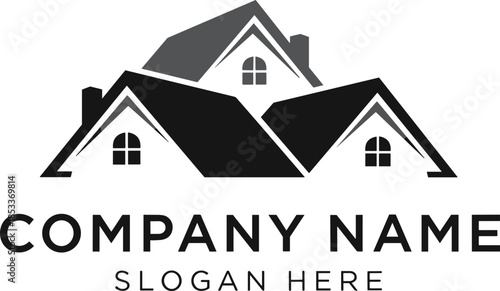 Modern real estate logo design featuring house roof silhouettes with chimneys and windows for construction, property agency, and home services. (20 words)