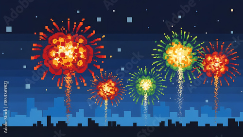 Pixel Art Fireworks Over City Skyline in Retro Game Style