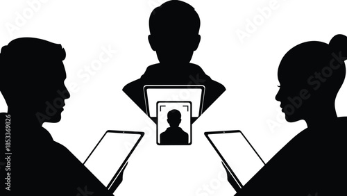 Facial recognition, biometric security, silhouette illustration, digital identity, mobile authentication, privacy technology, AI verification, futuristic concept, tablet interaction, surveillance