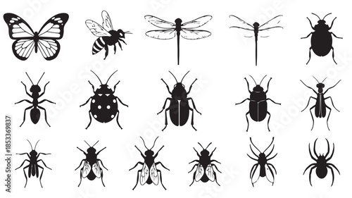 Black Insect Silhouettes on White Background