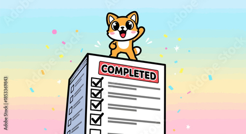 Cute Shiba Inu Dog Standing on Top of Completed Checklist.