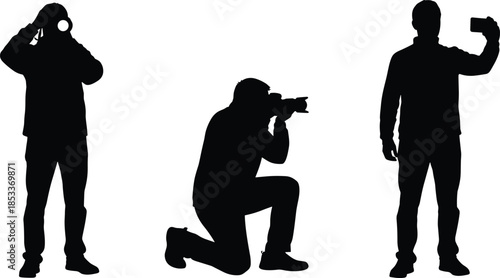 Photography silhouette, camera action, diverse techniques, smartphone capture, long lens, kneeling pose, black illustration, visual storytelling, photo concept, creative moment