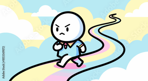 Determined cartoon character walking with a serious expression.