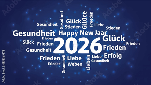 Digital graphic with 'Happy New Jaar 2026' and related German and Dutch New Year's wishes in white text on a dark blue background with scattered lighter blue dots.