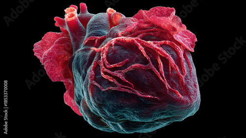 Detailed 3D Render of Human Heart Anatomy on Black Background: Illustrating Cardiovascular System, Blood Vessels, and Cardiac Structure for Medical and Scientific Visualization