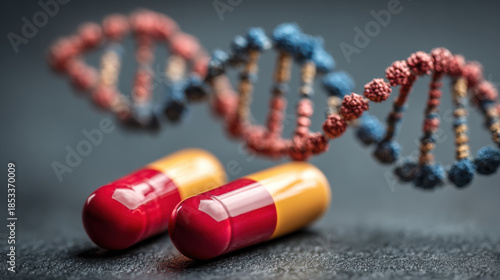 The future of personalized medicine with pharmaceutical pills and a DNA helix symbolizing genetic treatment and scientific research