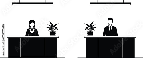 Professional male and female receptionists standing at modern office desks with indoor plants and overhead lights in minimalist flat style. (20 words)
