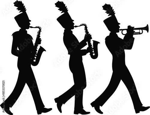 Marching band silhouette vector, musical performance illustration, black musician clipart, trumpet and saxophone players, parade art, editable graphic for design