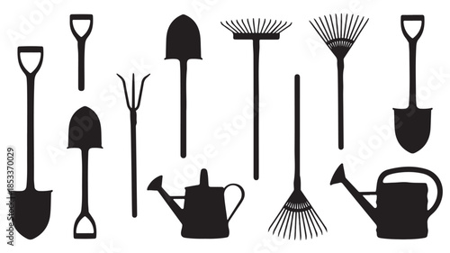 Gardening Tools Silhouettes on White Background