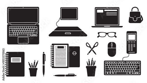Office Supplies and Electronics on White Background