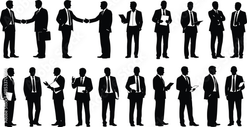 Set of professional businessmen silhouettes in various poses, including handshakes, holding folders, and standing confidently in formal corporate office suits. (20 words)