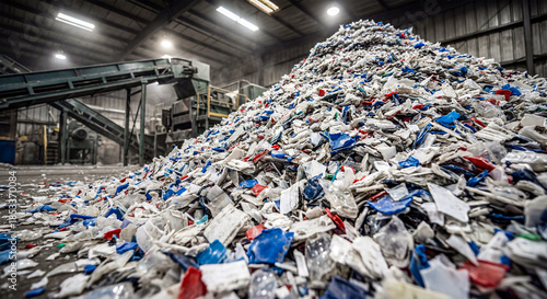 Large pile of shredded plastic waste inside a recycling plant factory highlighting the industry focus on environment and sustainability
