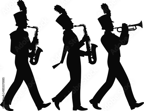 Marching band silhouette, black vector illustration, musical performance scene, trumpet and saxophone players, uniformed musicians in motion, festive parade concept, rhythm and coordination