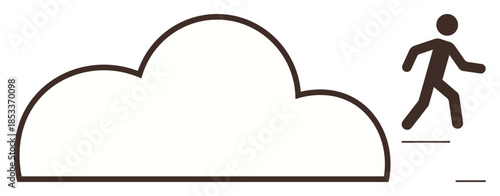 Simple stick figure walking onto a large cloud, symbolizing ambitions, goals, and limitless potential. Ideal for success, career growth, motivation, technology, innovation imagination simple flat