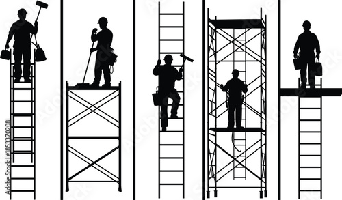 Silhouette set of construction workers, professional painters, and industrial builders on ladders and scaffolding for renovation, maintenance, and building development.