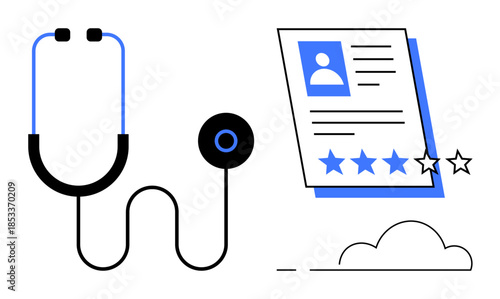 Stethoscope connected to patient care and document featuring profile, text, and star ratings. Ideal for healthcare, diagnostics, evaluation, review systems, patient care trust quality. Simple flat