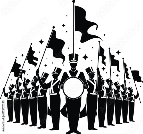 Marching band vector illustration, symmetrical parade design, bass drum leader, waving flags, festive celebration, black and white graphic art, uniformed performers