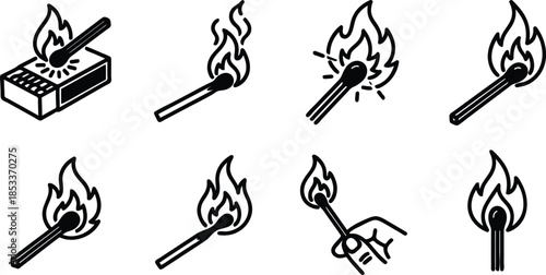 set of matchsticks and matchbox with flames burning on white