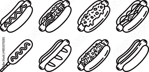 set of hot dogs with different toppings on white background