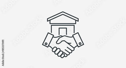 Handshake in front of a house, symbolizing agreement, partnership, and home ownership, real estate, property, vector illustration