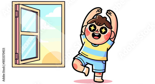 Excited cartoon boy with star eyes raising arms in joy.