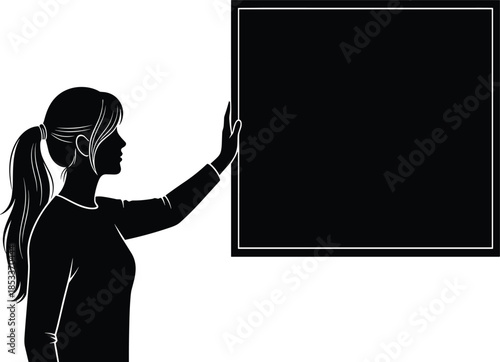 Teaching silhouette, blackboard pointing, educational concept, classroom figure, learning pose, instructor gesture, training moment, black and white, visual aid, presentation