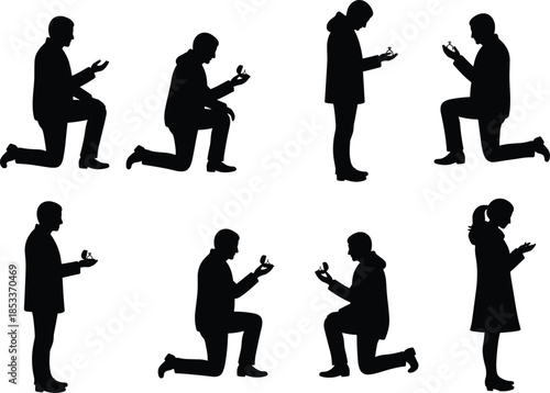 Marriage proposal silhouette vector, romantic gesture illustration, man and woman proposing, ring box moment, love commitment, engagement concept, black figures