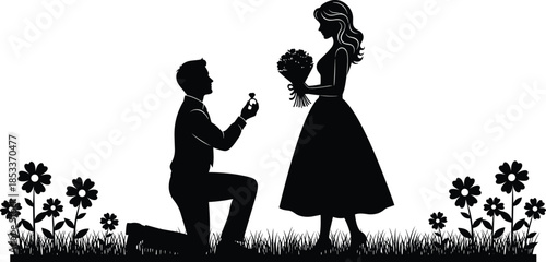 Marriage proposal silhouette, man kneeling and holding engagement ring to woman with flowers, romantic couple in love on meadow with grass and flowers vector illustration.