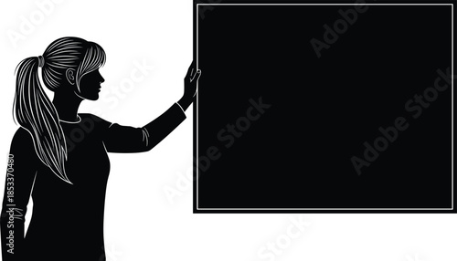 Teaching silhouette, blackboard pointing, educational concept, classroom illustration, learning pose, instructor figure, presentation moment, black and white, training, knowledge