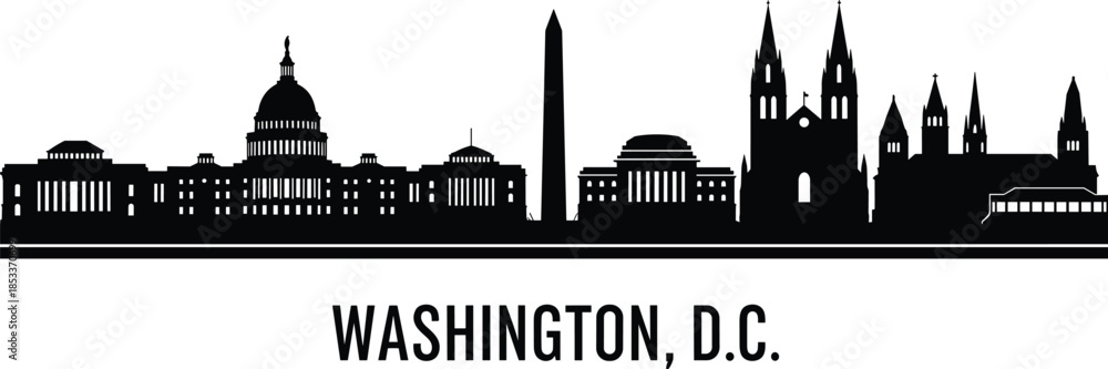 Obraz premium Washington DC skyline silhouette, Capitol, Washington Monument, Jefferson Memorial, National Cathedral, iconic landmarks, black vector, architecture, USA, travel, tourism