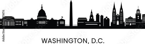 Washington DC skyline silhouette, Capitol dome, Washington Monument, historic buildings, black vector, USA architecture, travel, tourism, cityscape, landmark illustration
