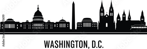 Washington DC skyline silhouette, Capitol, Washington Monument, Jefferson Memorial, National Cathedral, iconic landmarks, black vector, architecture, USA, travel, tourism