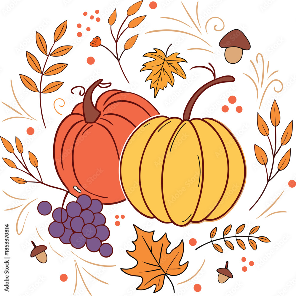 Naklejka premium Autumn Harvest Illustration with Pumpkins, Apples, Pears, and Grapes.